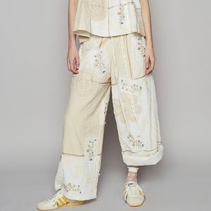 POL Floral Crochet Embroidered Color Block Stretchy Drawstring Waist Pants